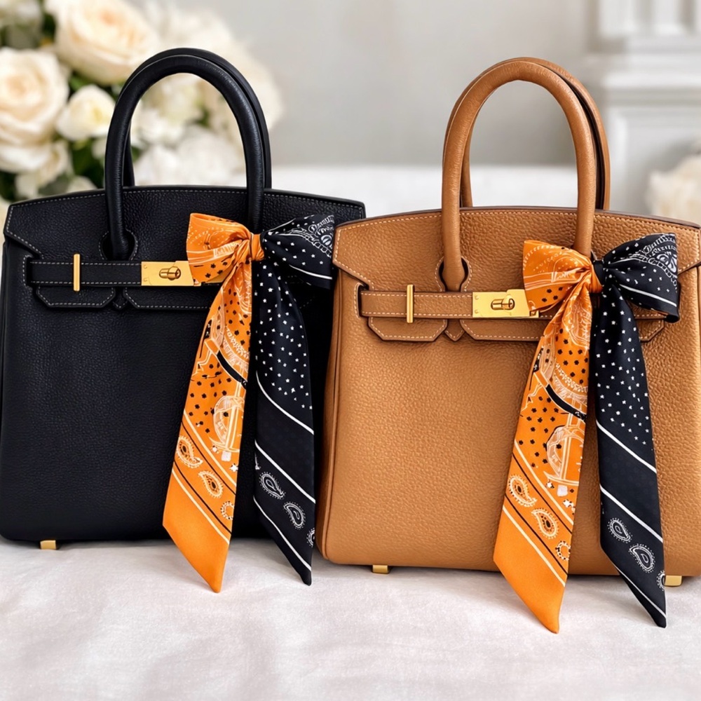 ORANGE BLACK BANDANA SKINNY SCARF BAG HANDLE WRAP HAIR TIE HEADBAND BANDEAU